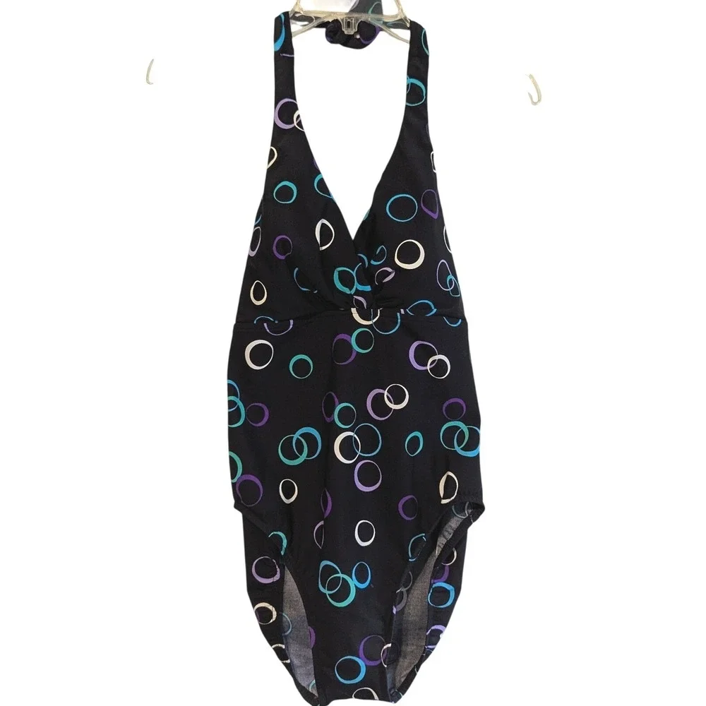 Miraclesuit Womens Halter One‎ Piece Swimsuit Black Geometric Circle Print 10